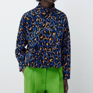 Zara Jacquard Patterned Sweater Jumper Leopard Animal Print Blue